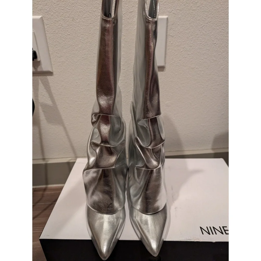 Nine West Women Shoes 6M Amazing Slouchy Point Wedge Heel Boots‎ Silver